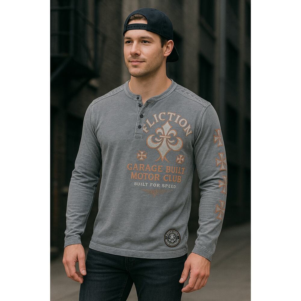 Affliction American Customs Long Sleeve Henley – Garage Built Motor Club – XL